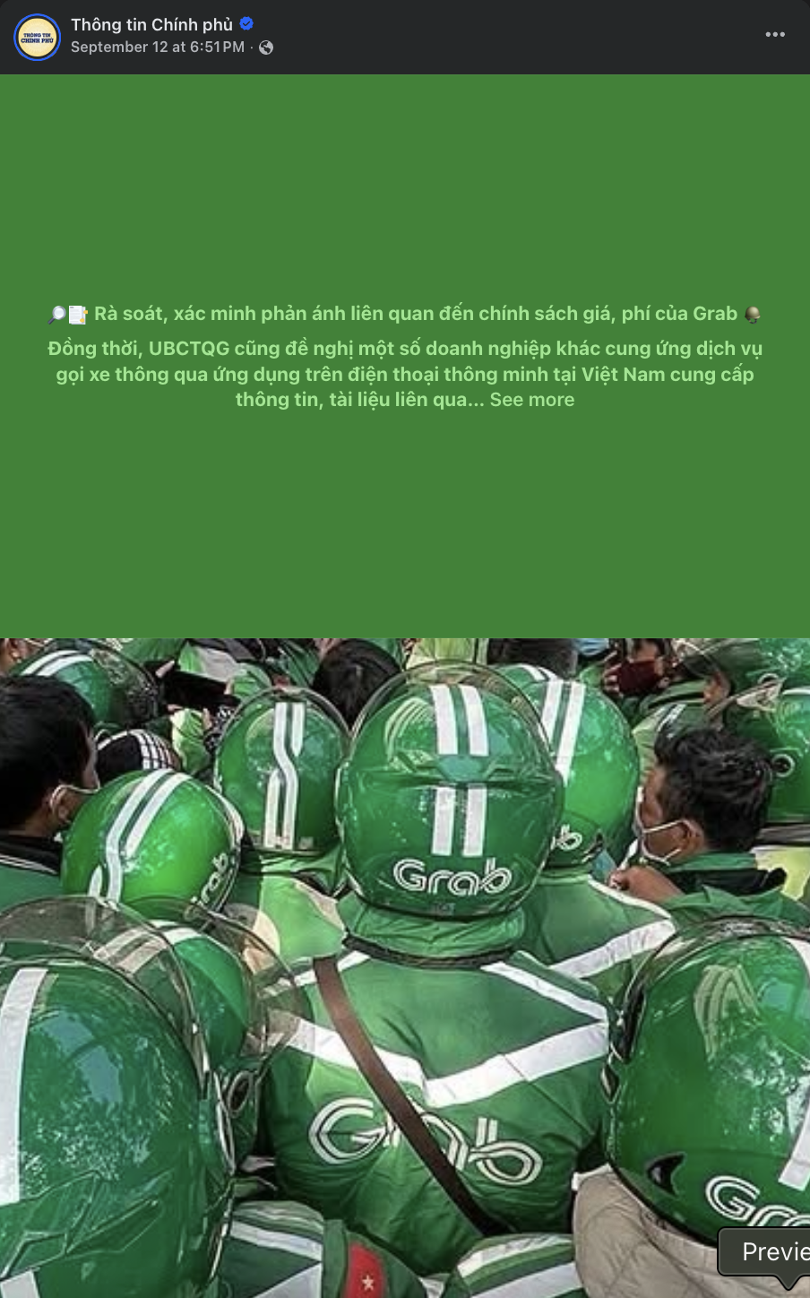 Facebook post from Thong tin Chinh phu, Sept 12 2026: National Competition Commission reviewing Grab pricing and fee policy complaints